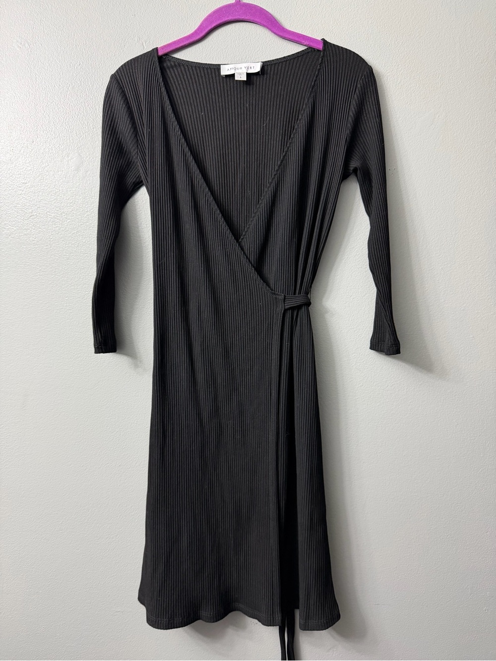 Amour Vert black rib-knit wrap dress with a V-neckline and long sleeves. Small